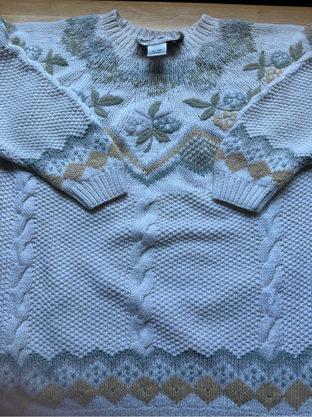 Tristan Cream Cable Knit Turtleneck Sweater with Green & Tan Floral Yoke